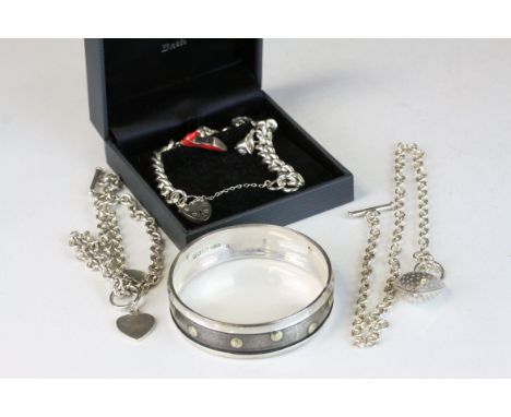 Hallmarked Silver charm style Bracelet, two Silver heart Necklaces plus a Hallmarked Silver parcel gilt Bangle