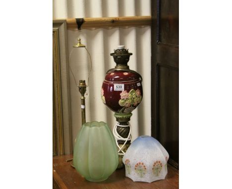 *Ceramic gas lamp converted to electricity, pink ground body with floral decoration, with shade, together with a Victorian gl