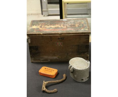 Early 20th century F Hayres Clock Golf wooden box, a vintage Webley air pellet tin, quantity of of picture hooks etc