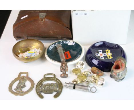 Small box of mixed collectables to include Carlton Ware Heraldic ashtray, Staybrite Military buttons, Horse brasses, leather 