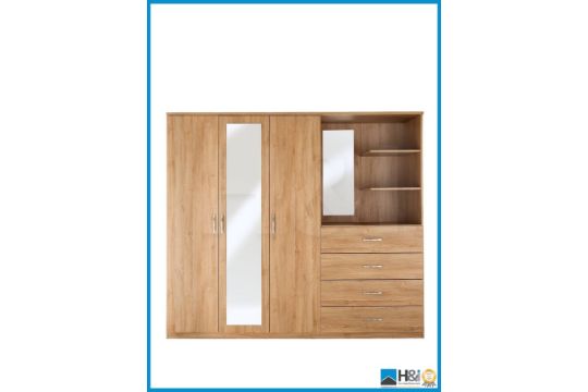 New In Box Peru 3 Door 4 Drawer Mirrored Combi Wardrobe New Oak