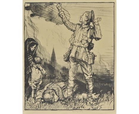 *@Brangwyn (Frank, 1867-1956 ). The Zeppelin Raids: The Vow of Vengeance, circa 1915,  lithograph on laid paper, signed in pe