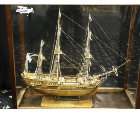 Glass cased handmade wooden model of HMS Bounty armed vessel 1787, museum quality build, 1/60 scale ship, L: 67 cm. Not avail