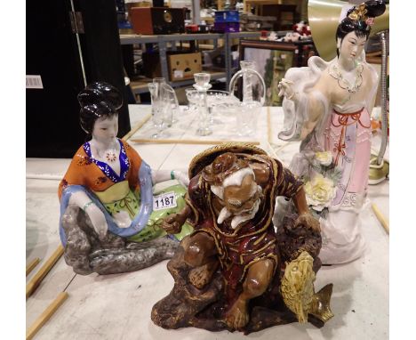 Three Oriental ceramic figurines including Mud Man example, largest H: 30 cm. Not available for in-house P&amp;P 