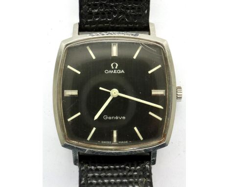 Omega: manual wind, square black dial gents wristwatch on a leather strap, not working at lotting. P&amp;P Group 1 (£14+VAT f
