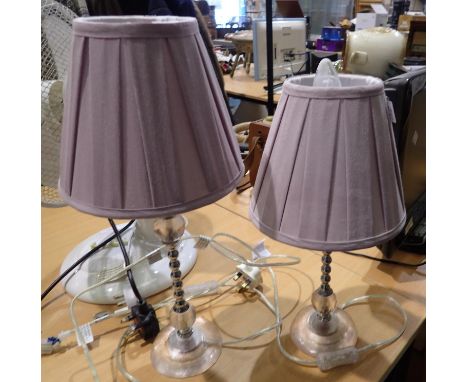Pair of crystal and metal lamps with lilac shades, largest H: 40 cm. All electrical items in this lot have been PAT tested fo
