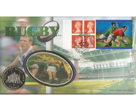 Rugby World Cup 1999 Benham official coin FDC PNC. Cardiff postmark. 1999 Isle of Man Rugby World Cup 1 Crown coin inset. Goo