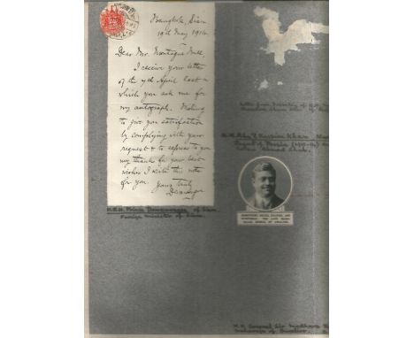 Double signed pages, Prince Devawangse of Siam Autographed letter 1914 fixed to A4 page, replying to an autograph request. Si