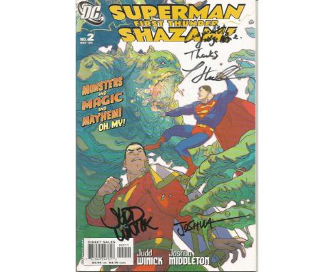 Stan Lee, Judd Winick and Joshua Middleton signed Superman first thunder Shazam comic. Signed on front cover. Good Condition.