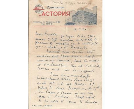Major General Sir Sahib Singh Sokhey hand written letter 1954. Indian biochemist, a British Indian Army general and a militar