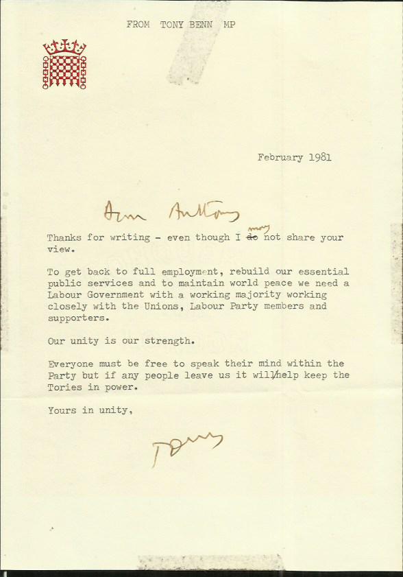 Tony Benn signed typed letter on House of Commons letterhead regarding ...