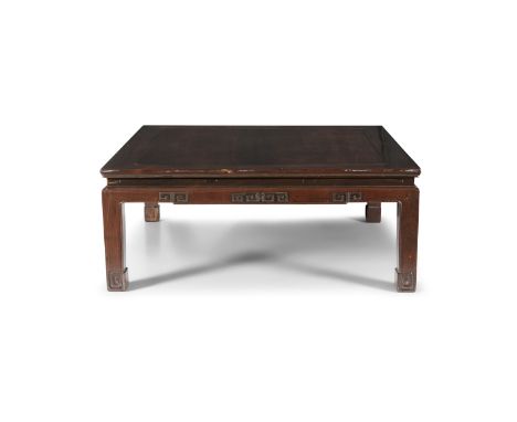 A CHINESE HARDWOOD LOW TABLE, 19th century , of squared shape with rich colour and well figured top, simple carved frieze to 