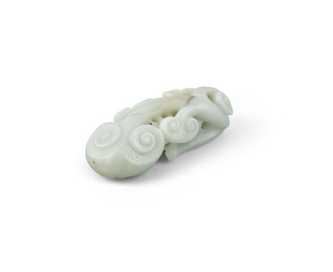 A CHINESE WHITE AND RUSSET JADE 'LINGZHI' GROUP, 19/20th century, formed as a pierced branch holding a lingzhi fungus atop an