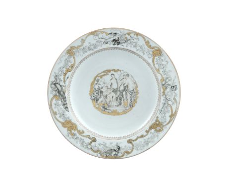 A CHINESE 'EUROPEAN SUBJECT' DISH, c.1750, painted en grisaille with gilt enclosing a classical depiction after Claude Duflos