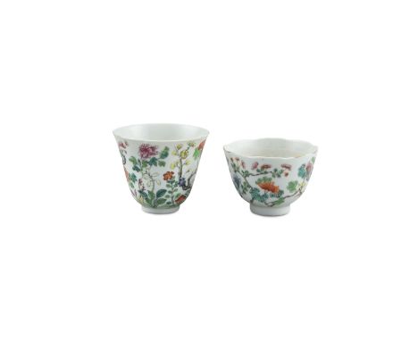 A CHINESE FAMILLE ROSE WINE CUP, Daoguang (1821 - 1852), of tapering form enamelled with prunus and flowering peonies in a co