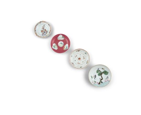 A COLLECTION OF SAUCER DISHES, Yongzheng and Qianlong Periods, 18th century, comprising a famille verte eggshell 'Lotus Pond'