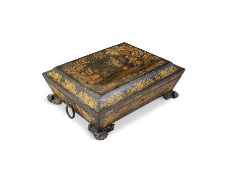 A CHINESE EXPORT GILT AND LACQUER WORK CASKET, early 19th Century, of sarcohpagus shape, decorated with chinoiserie figures, 