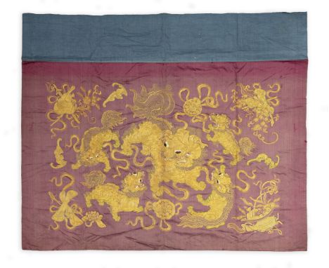 ***PLEASE NOTE MEASUREMENTS SHOULD READ 65 x 96cm***A CHINESE GOLD THREAD SILK PANEL, 19th century, woven i8n couched stick w