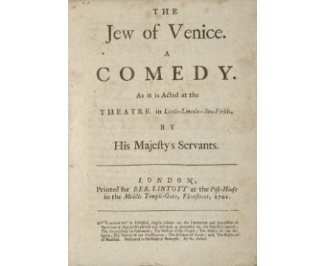 SHAKESPEARE, WILLIAM. 1564-1616.GRANVILLE, GEORGE. 1666-1735. Editor. The Jew of Venice. A Comedy. London: Printed for Ber[na