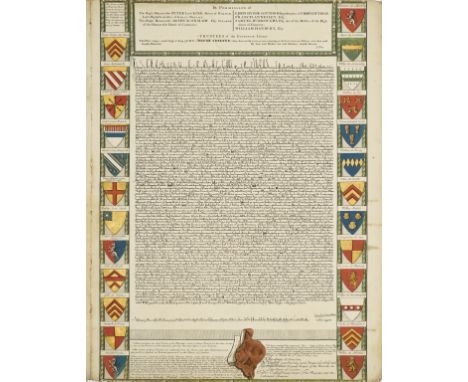 MAGNA CARTA.London: J.Pine, After May, 1733. Hand-colored engraved broadsheet on paper, heightened in gold, an exact copy of 