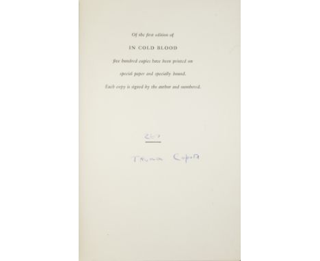 CAPOTE, TRUMAN. 1924-1984.In Cold Blood. New York: Random House, 1965. 8vo. Original cloth; slipcase.FIRST EDITION, LIMITED I