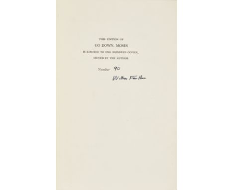 FAULKNER, WILLIAM. 1897-1962.Go Down, Moses and Other Stories. New York: Random House, 1942. 8vo. Publisher's half brick-colo