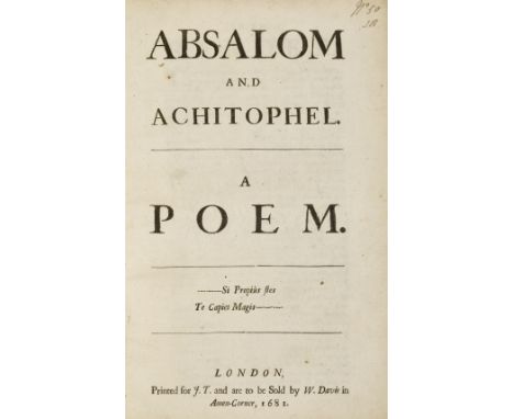 DRYDEN, JOHN. 1631-1700.Absalom and Achitophel. A Poem [WITH: The Second Part of Absalom and Achitophel]. London: Jacob Tonso