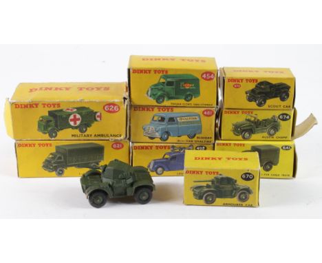 Dinky Toys. Nine boxed Dinky diecast models, comprising nos. 454, 481, 492, 621, 626, 641, 670, 673 & 674 (Trojan 15 Van; Bed