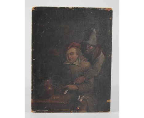 Oil on board, circa 19th century, depicting a gentleman sat at a table holding a pipe, with another gentleman behind, unsigne