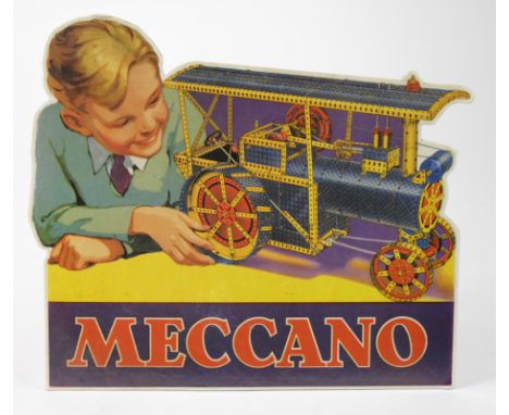 Original Meccano shop card showing a boy with a Meccano steam roller.