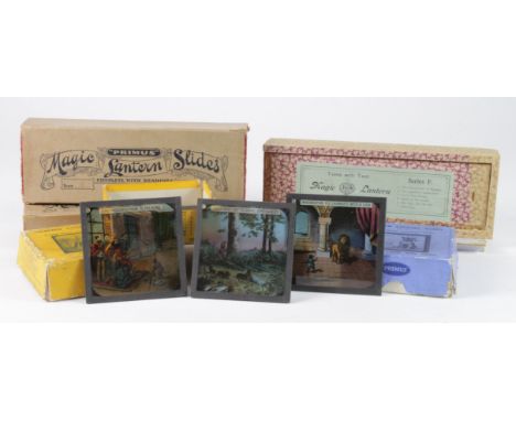 Slides. A collection of approximately sixty magic lantern slides, including cats & dogs, nursery rhymes, etc., mostly cased