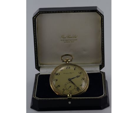 14ct Gold Open Faced Pocket Watch, the gilt dial signed International Watch Co, Schaffhausen. The movement stamped IWC Probus