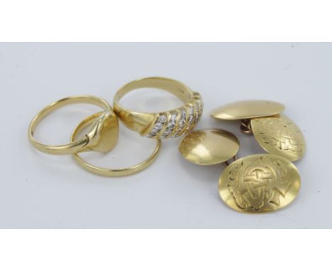 Ladies 18ct gold diamond set ring along with a small quantity of mixed 18ct rings, cufflinks, total weight 18.9g