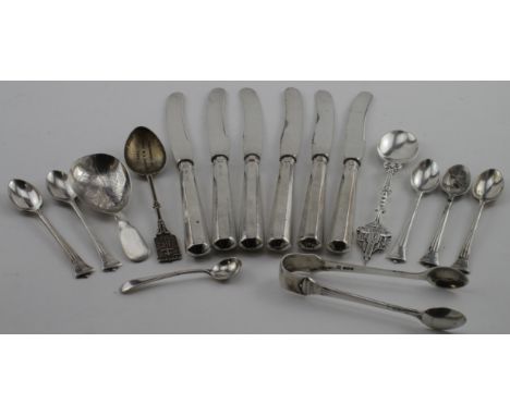 Mixed lot of silver comprising nine spoons (includes a caddy spoon (prob. Georgian) and a Dutch spoon),  sugar tongs and six 