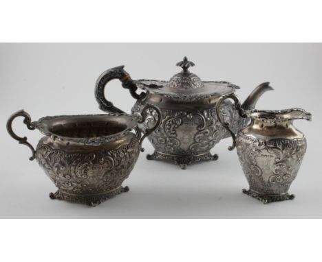 Very attractive Victorian silver Batchelor three piece tea-set comprising teapot, sugar and milk - very unusual ornate design