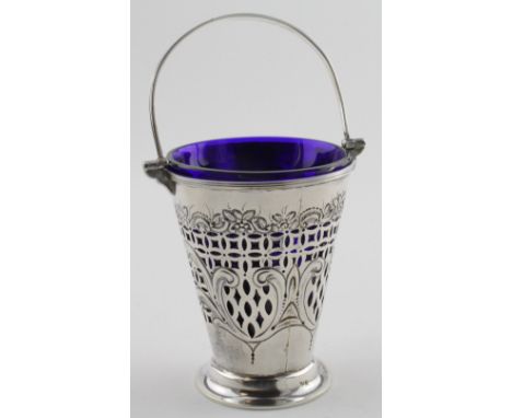 Victorian silver pail shaped sugar basket with blue glass liner – 97mm in height.  Hallmarked GJDF London 1897 on body of ite