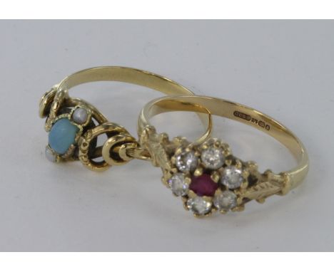 9ct yellow gold ruby and cz ring, size N, weight 1.7g. 9ct yellow gold calcedony and pearl ring, size L, 1.7g.