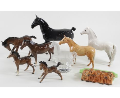 Beswick. A collection of nine Beswick horses, including Black Magic, Welsh M.,, etc., together with a frosted glass horse (un