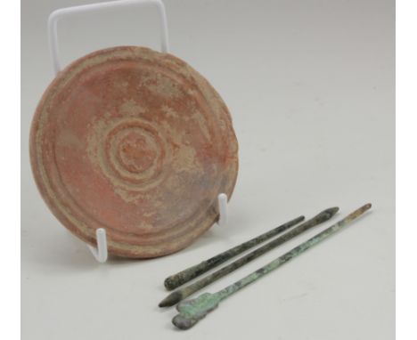 Ancient Roman Medical Kit, ca. 200 AD Fine Medical set composed of 3 medical/dental tools and a terracotta plate for mixing m