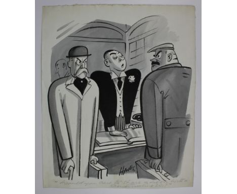 Edward Sylvester Hynes (1897-1982). Watercolour & ink, depicting three gentlemen speaking in an office, signed by artist, tit