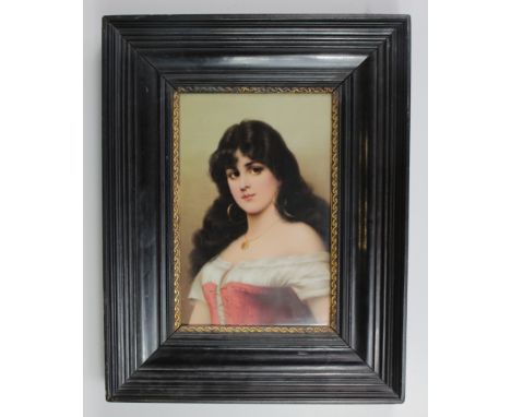 Plaque. An exquisite hand painted portrait plaque, depicting a Spanish / Portuguese Girl with long dark hair and wearing a go