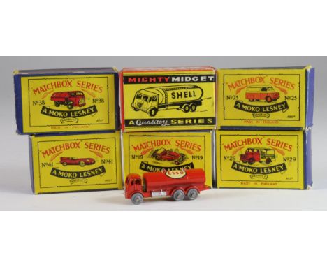 Matchbox Moko Lesney. Five boxed Matchbox Moko Lesney toys, comprising MG sports car (no. 19); Dunlop van (no. 25); Bedford m