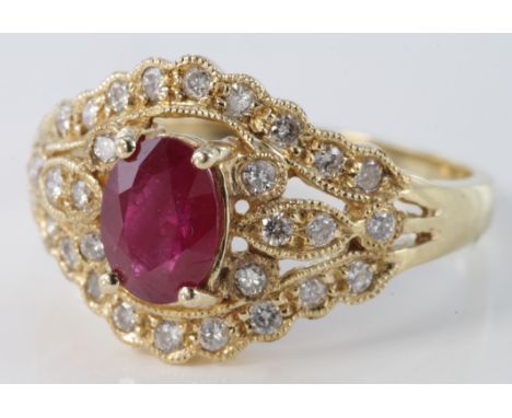 14ct yellow gold ruby and diamond fancy cluster ring, size M, weight 3.5g.