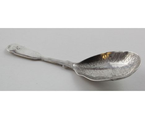 George IV silver caddy spoon, with engraved floral decoration to bowl, hallmarked SJ (?), London 1828, length 11.2cm approx.,