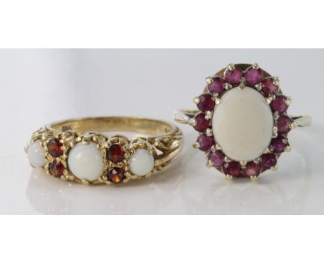 9ct yellow gold opal and garnet half eternity ring, and opal and ruby cluster ring, weight 5.9g.