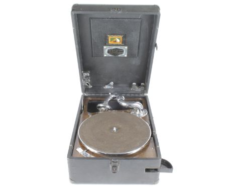 His Masters Voice (HMV) leather cased record player, case length 41cm approx. (sold as seen)