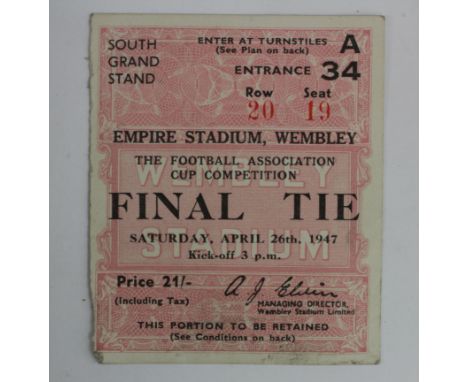FA Cup final tie ticket, for the empire stadium Wembley 1947 row 20, seat 19 south stand. Waterlow & Sons Ltd. Printers losse