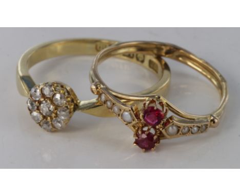 Two 18ct yellow gold rings, one diamond cluster and one ruby and pearl ring. Weight 3.4g.