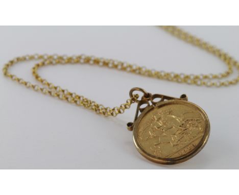 Half Sovereign dated 1910 in a plain mount attached to a 9ct chain, total weight 7.2g