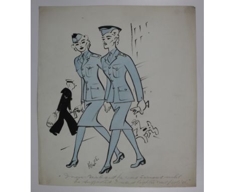 Edward Sylvester Hynes (1897-1982). Watercolour & ink, depicting two ladies in uniform being followed by a dog, with a sailor